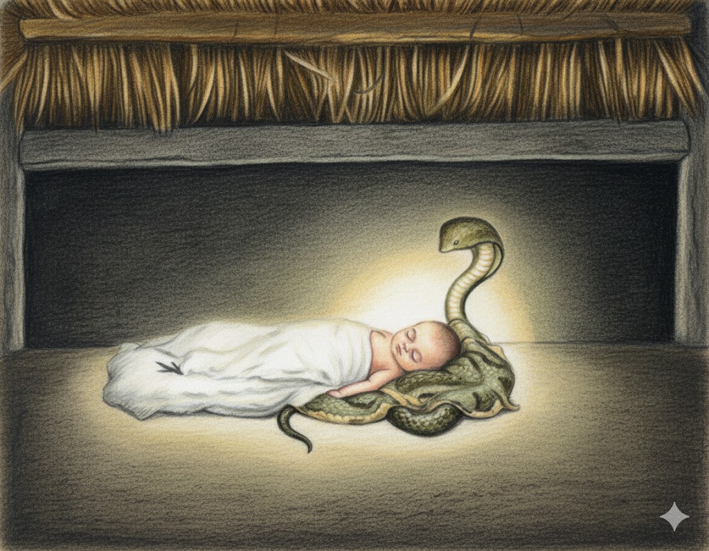 While Sathya slept a snake kept vigil under His head